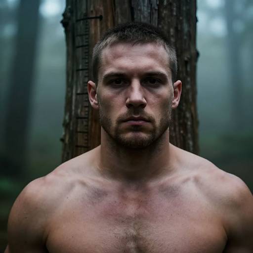 Photograph of a muscular, shirtless man with short dark hair and stubble, standing in a misty forest, with a tree trunk behind him