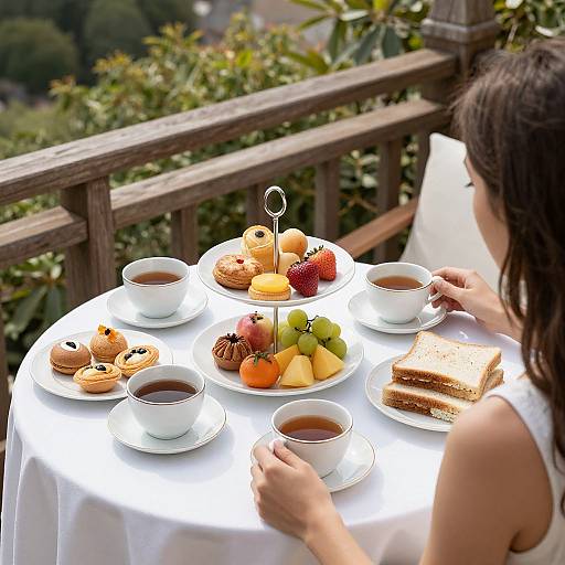 Photograph of a woman with dark hair enjoying a tea set on a balcony, featuring pastries, fruit, tea, and sandwiches.