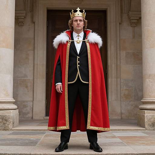 Photograph of a young, fair-skinned man with curly brown hair, wearing a gold crown, red velvet royal cape with white fur trim, black