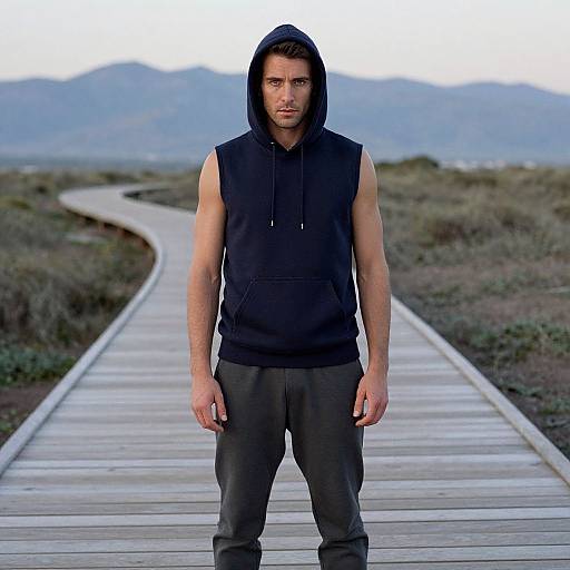 Photograph of a serious, muscular man with short brown hair, wearing a black sleeveless hoodie and gray pants, standing on a wooden path in a
