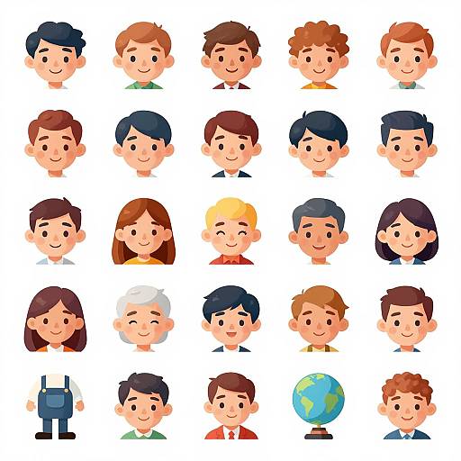 Colorful cartoon image of 20 diverse children's heads, arranged in a 4x5 grid, each with unique hair colors and expressions. Includes