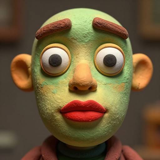 Photograph of a textured, green, cartoonish humanoid face with large, wide eyes, brown eyebrows, red lips, and orange ears, against a