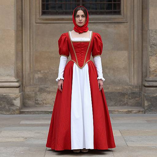 Photograph of a woman in a red and white Renaissance-style dress with puffed sleeves, red headscarf, standing in front of a stone building