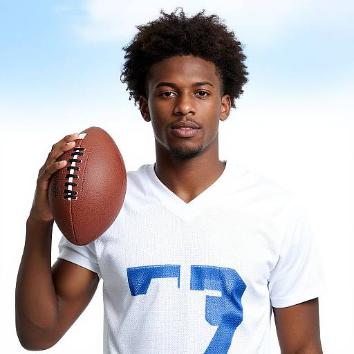 Photograph of a muscular Black man with curly hair, wearing a white NFL jersey with blue 