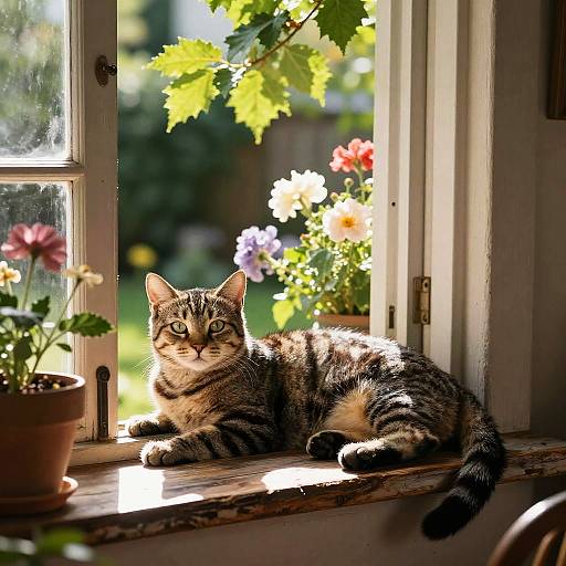 Photograph of a relaxed tabby cat lounging on a sunlit windowsill, surrounded by potted flowers and greenery, with a blurred garden