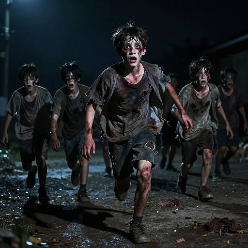 Group of Boys in Zombie Costume Running at Night