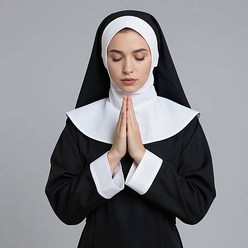 Photograph of a young woman with light skin and closed eyes, wearing a black and white nun's habit, with hands in prayer position against a plain