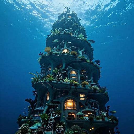 Underwater photograph of a towering, intricately designed, bioluminescent building covered in various sea plants and glowing windows, bathed in blue ocean