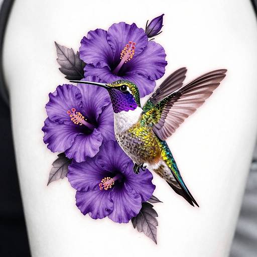 Digital illustration of a vibrant hummingbird with iridescent feathers hovering over bright purple hibiscus flowers with pink centers.
