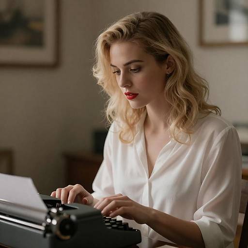 Dramatic Blonde Typist in White Blouse