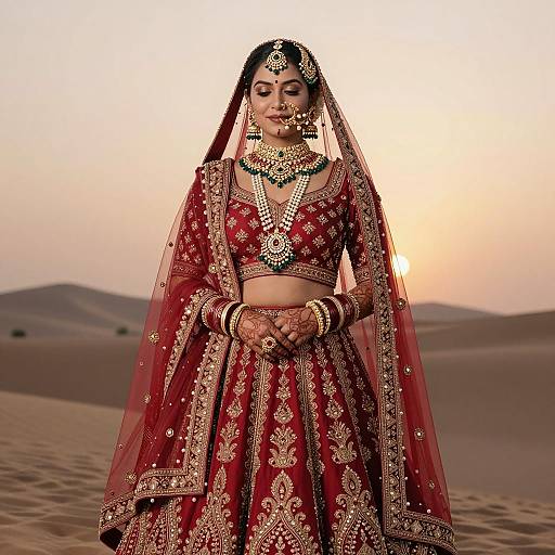 Indian Bride in Red Lehenga Choli at Sunset