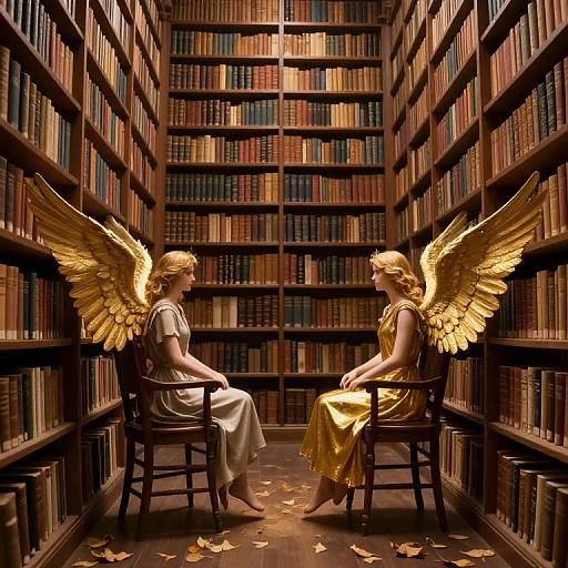Photograph of two winged, blonde angels in white and gold dresses, seated in a narrow library aisle with tall bookshelves.