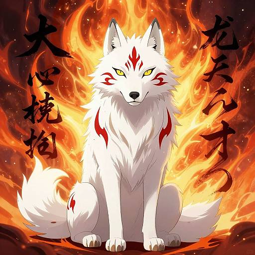 Digital anime-style drawing of a white, fiery fox with red markings, yellow eyes, and Japanese characters in a blazing background.
