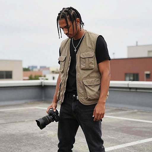 Photograph of a Black man with dreadlocks, wearing a beige vest over a black shirt and jeans, holding a camera, standing on an urban rooftop