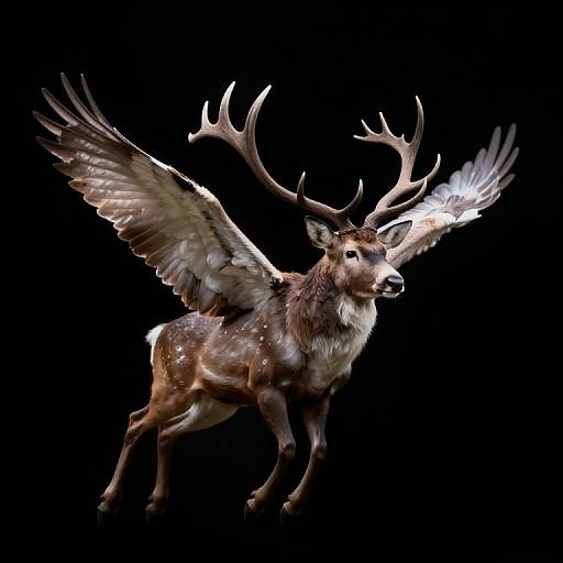 Photorealistic digital artwork of a majestic, winged deer with large antlers, mid-leap against a black background, showcasing detailed fur, feathers
