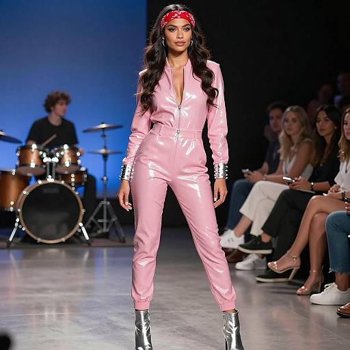 Fashion runway photograph of a Black woman with long curly hair, wearing a shiny pink jumpsuit, silver boots, and red bandana, with a drummer