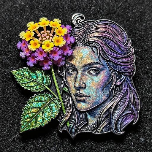 Vibrant digital drawing of a woman with purple and blue hues, long wavy hair, and floral crown with yellow and purple flowers, black textured