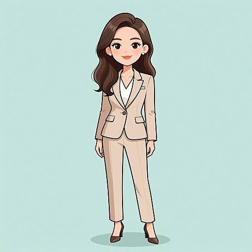 Digital anime-style drawing of a smiling woman with long brown hair, wearing a beige suit, white shirt, black heels, and standing against a light blue