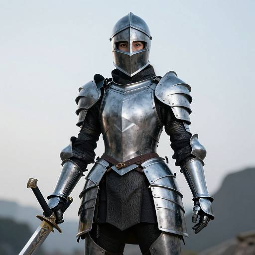 Photorealistic CGI of a female knight in shiny silver armor with a helmet, holding a sword, standing against a mountainous background.