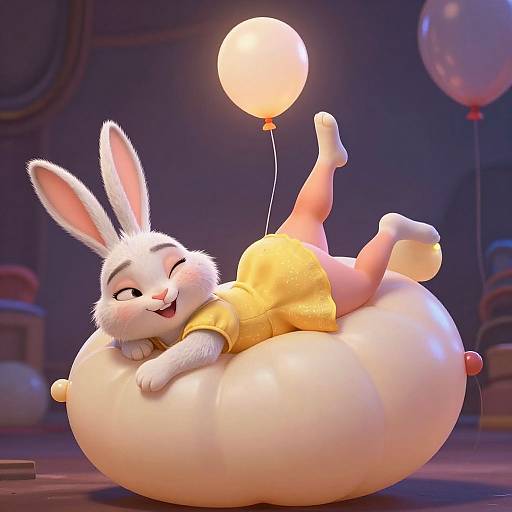 CGI cartoon of a cheerful white rabbit in a yellow dress, lying on a white balloon, holding a glowing balloon above. Dark, whimsical background