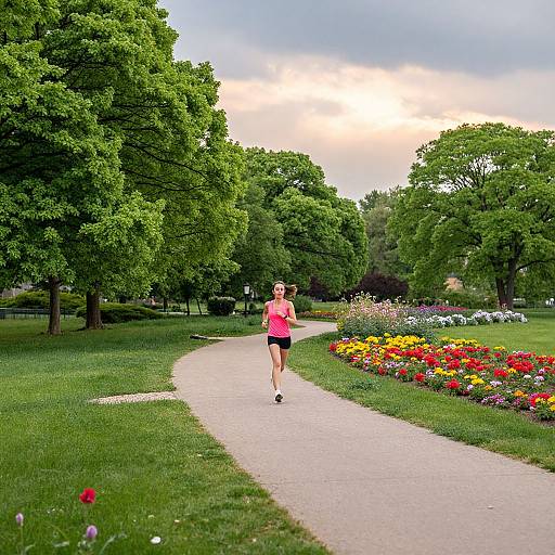 Photograph of a fit woman in a pink sports top and black shorts jogging on a curved path through a lush, colorful park with vibrant flower beds and