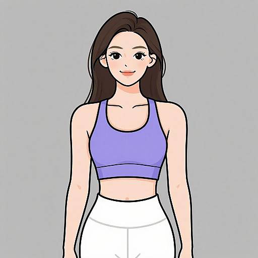 Digital drawing of a smiling woman with long brown hair, wearing a purple sports bra and white pants, against a light blue background.