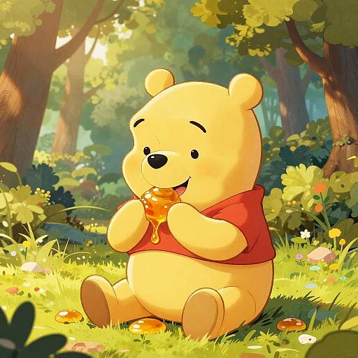 Digital illustration of Winnie the Pooh, a yellow bear in a red shirt, sitting in a sunlit forest, happily eating honey.