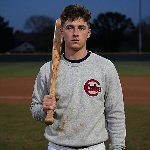 Photograph of a young Caucasian man with short brown hair, wearing a dirty gray Cubs sweater and holding a wooden baseball bat, standing on a baseball field