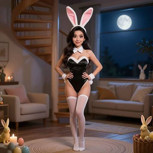 Photorealistic CGI of a smiling woman in black bunny suit, white cuffs, and ears, standing in moonlit living room with candles and Easter eggs