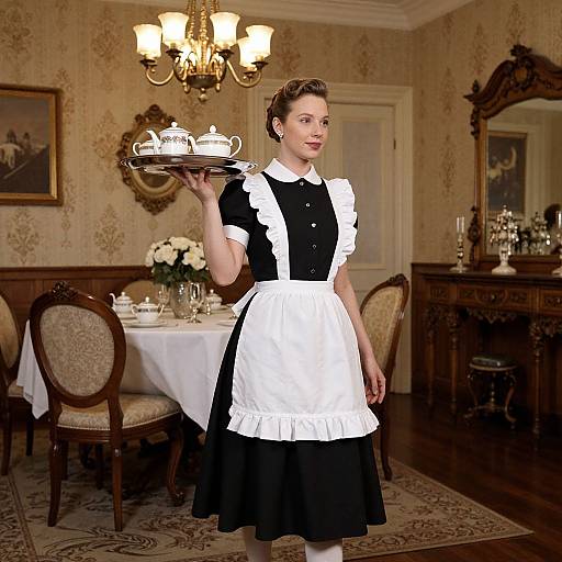 Photograph of a vintage-style maid in black dress with white apron, holding a tea tray, standing in a Victorian-era dining room with ornate