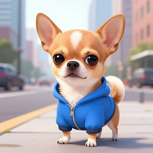 Cute digital illustration of a small Chihuahua with large ears, wearing a blue hoodie, standing on a sunny city street.