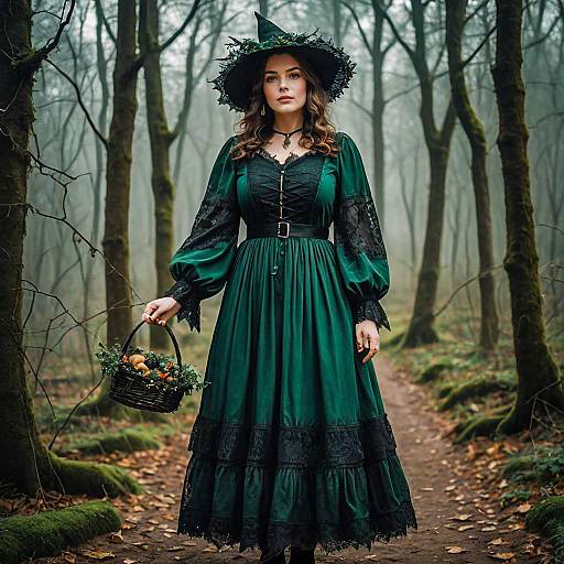 Woman in Witch Costume Holding Basket in Forest