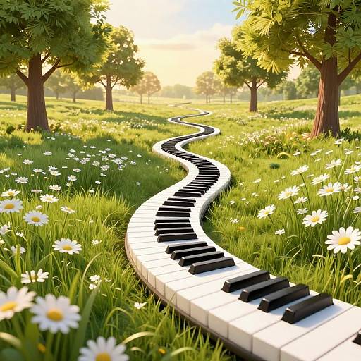 Photograph of a winding black and white piano keyboard path through a sunlit meadow with white daisies and green trees.