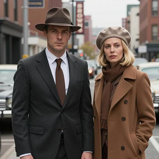 Man and woman in vintage urban attire standing on street