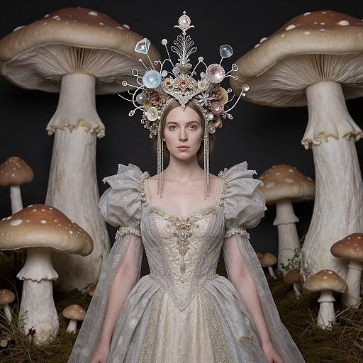 Photograph of a pale-skinned woman in a detailed, white, puffed-sleeve gown with a fantastical, floral and orb-adorn