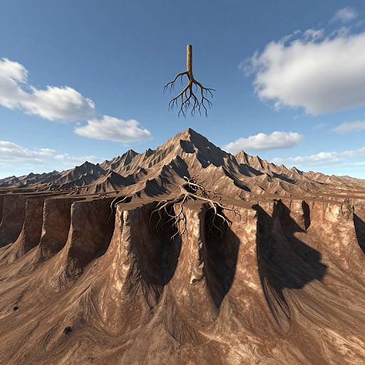 Digital rendering of a barren, rocky desert landscape with a barren tree stump and roots emerging from the ground, set against a bright blue sky with scattered clouds