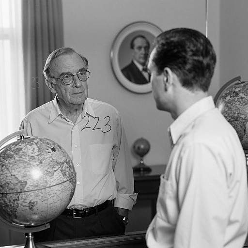 Black and white photo of two men with globes and portrait