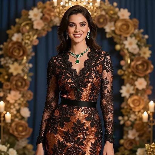 Elegant Woman in Copper Lace Evening Dress