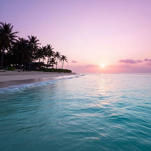 Photograph of a tranquil tropical beach at sunset with silhouetted palm trees, clear turquoise water, and a vibrant pink and purple sky.