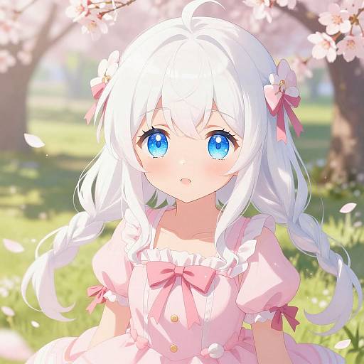 Digital anime-style drawing of a cute, young girl with long white hair, blue eyes, wearing a pink dress with bows, standing under cherry blossoms