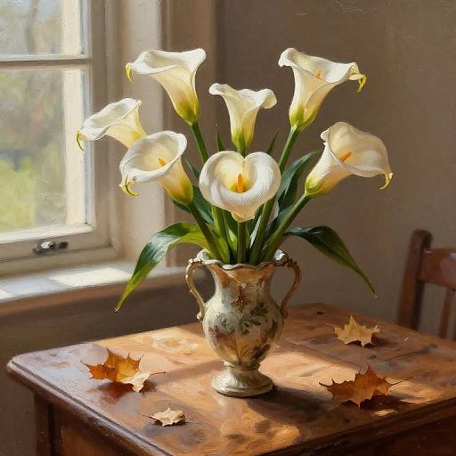 Photograph of a porcelain vase with white calla lilies, sunlight through window, wooden table with autumn leaves, warm, rustic ambiance.