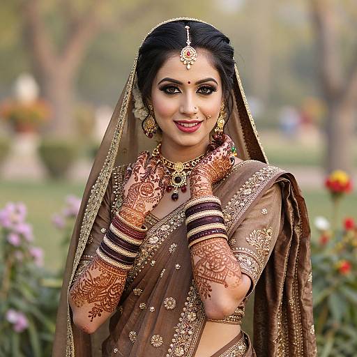 Photograph of a smiling Indian bride in a brown and gold embroidered saree, traditional henna on hands and face, adorned with jewelry, standing in