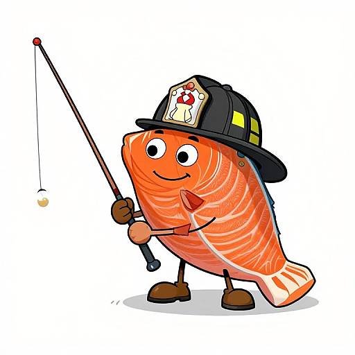 Cartoon orange fish wearing black firefighter hat, holding fishing rod with hook, smiling, standing on white background. Colorful, whimsical illustration.