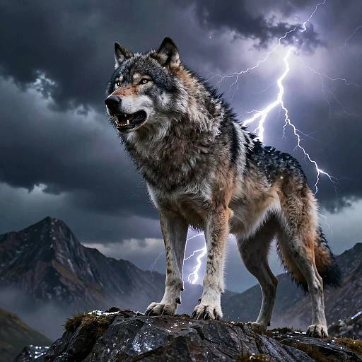 Fenrir Wolf Amid Thunderstorm
