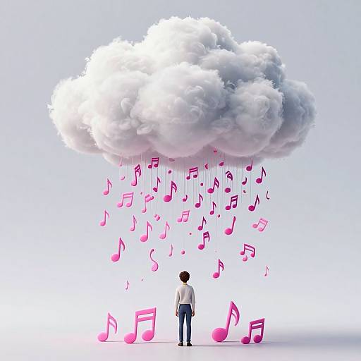Digital illustration of a man in a white shirt and black pants standing under a cloud raining pink musical notes.