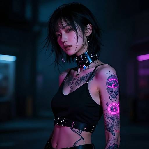 Neon-lit photograph of a tattooed, black-haired woman in a black crop top and choker, featuring glowing pink eye tattoos, in a