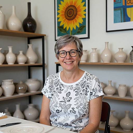 Photograph of a smiling older woman with short gray hair, black glasses, white floral blouse, sitting in a pottery studio with shelves of beige ceramic v
