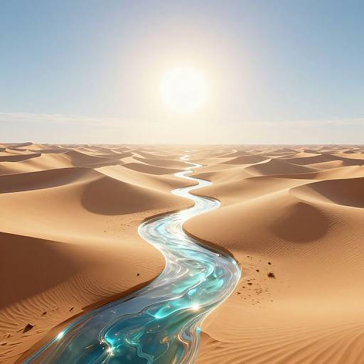 Photorealistic CGI of a bright desert with golden sand dunes and a winding, shimmering blue river under a glowing sun.