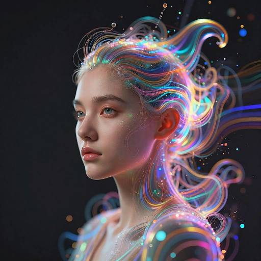 Digital portrait of a fair-skinned, ethereal woman with flowing, multicolored neon hair against a dark background, glowing with light and sparks.