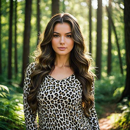 Woman in Leopard Print Top in Forest